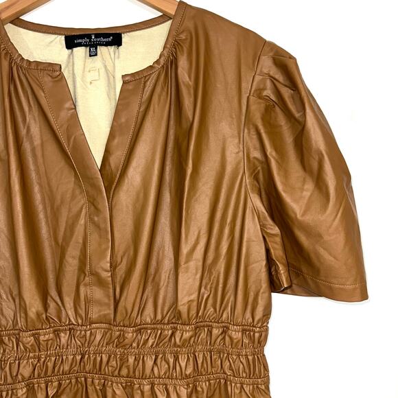 Simply Southern Faux Leather Fawn Brown Short Sleeve Dress Size XL - Picture 4 of 11